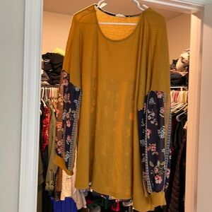 Yellow waffle top with sheer floral print sleeves and back